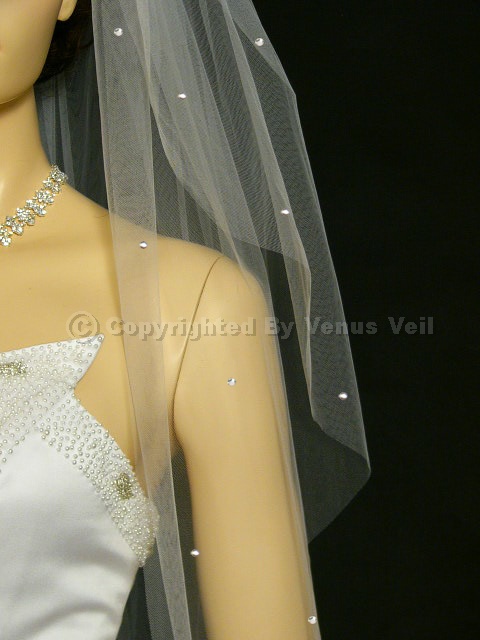 2T Ivory Bridal Cathedral Length Scattered 100 Rhinestones Cut Edge