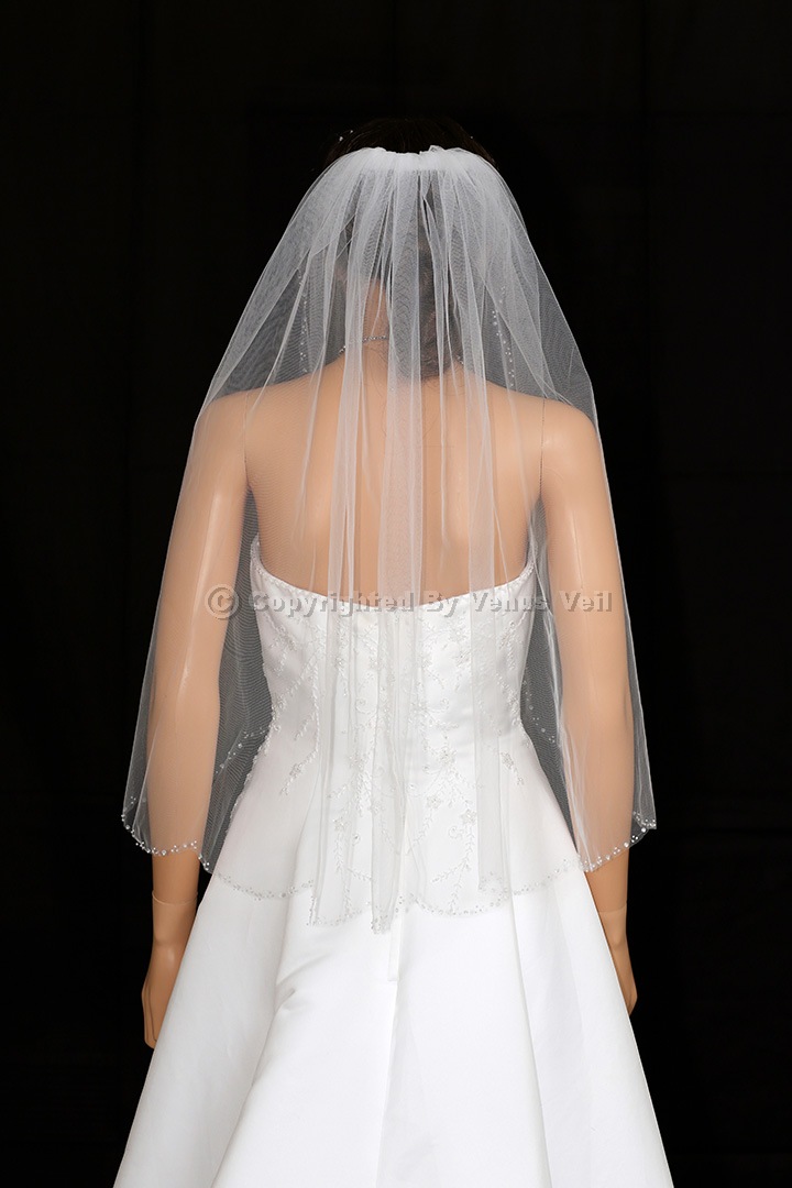 1T White Elbow Scalloped Beaded Edge Bridal Wedding Veil  